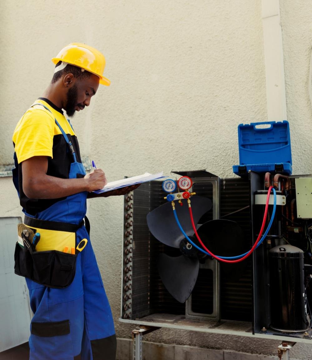 HVAC technician servicing industrial air-conditioning equipment